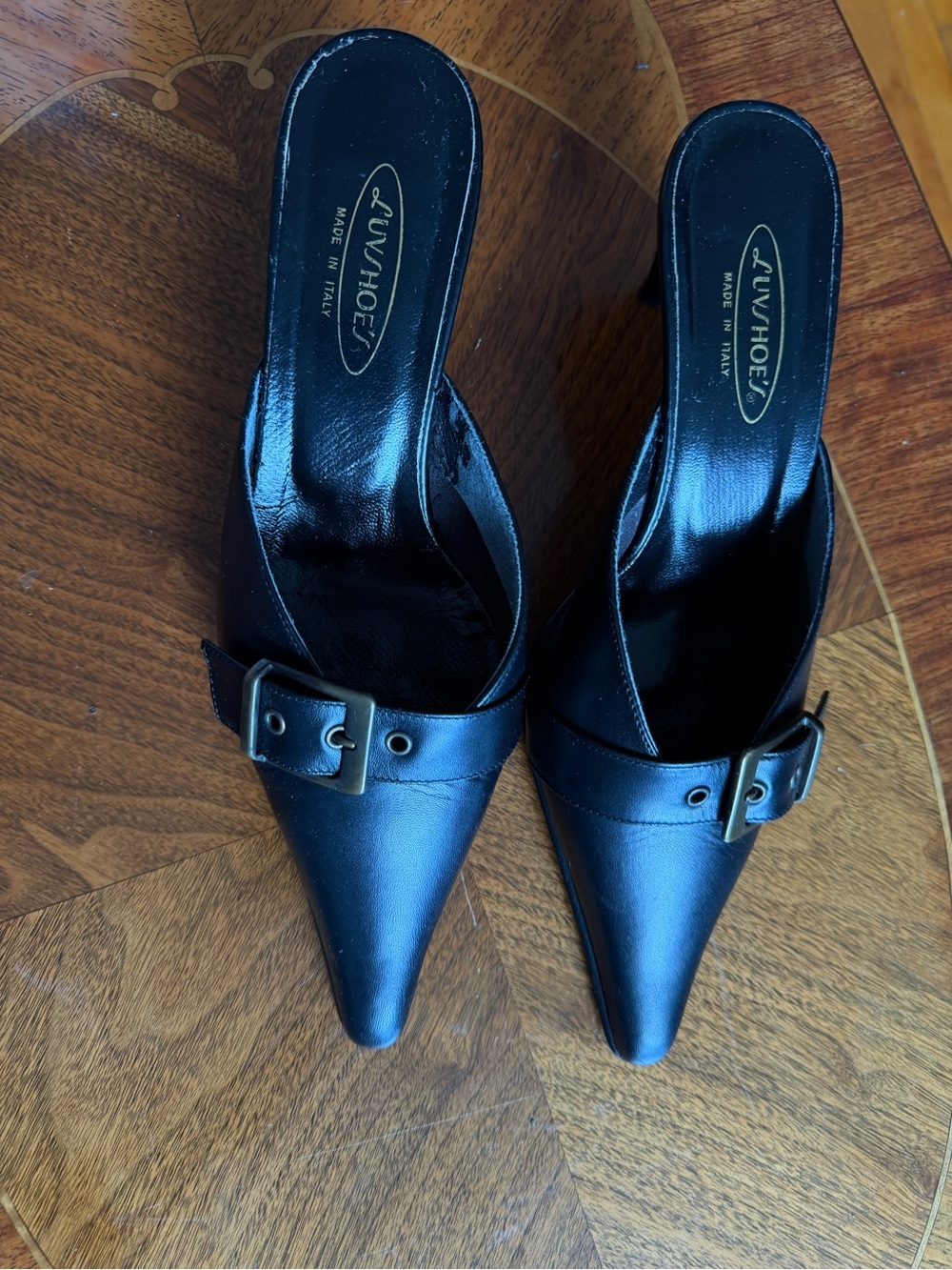 Black Pointed Leather Buckle Kitten Heel - Picture 3 of 3